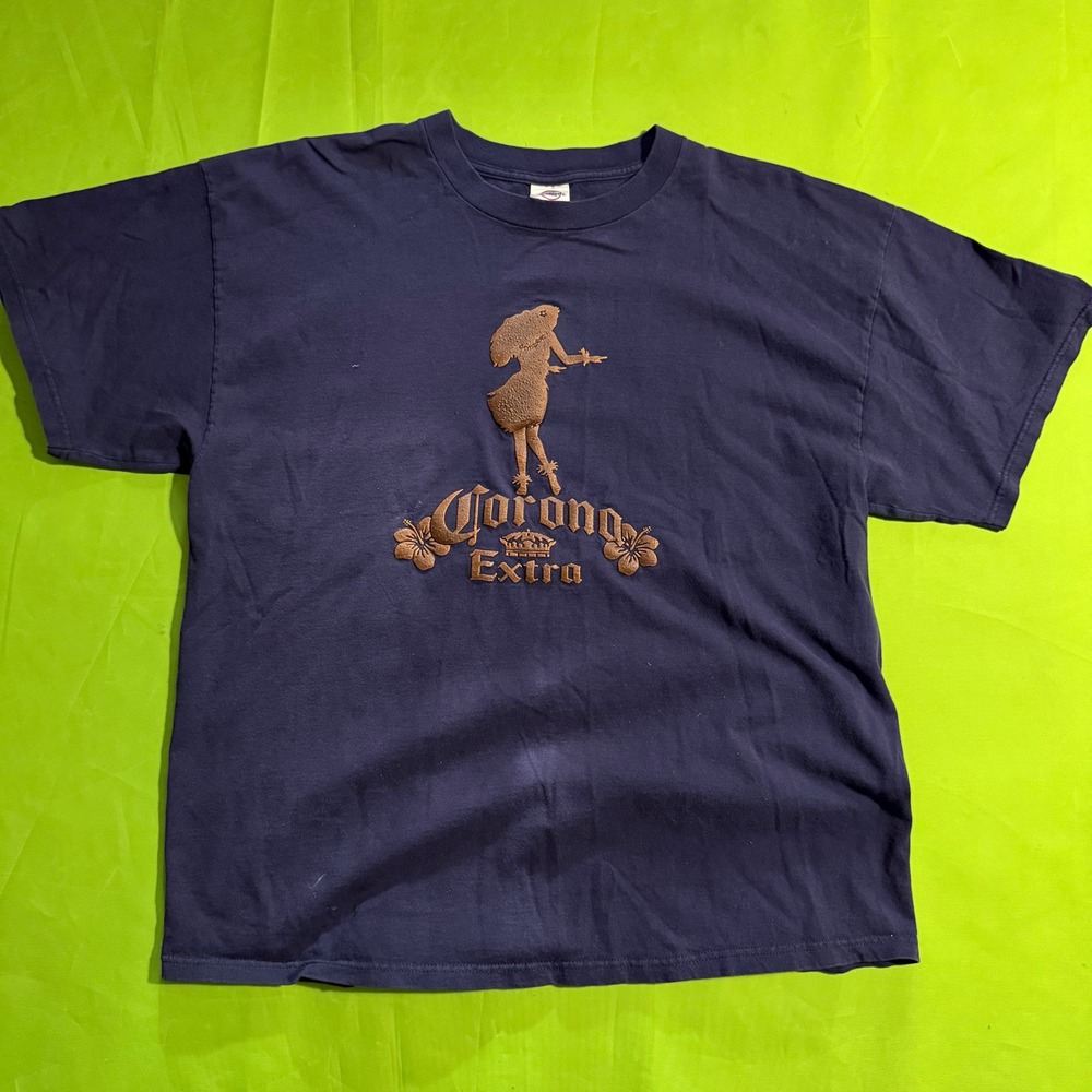 Corona Extra Beer T-Shirt Mens XL Navy Blue Hula Girl Puff Print Graphic Tee